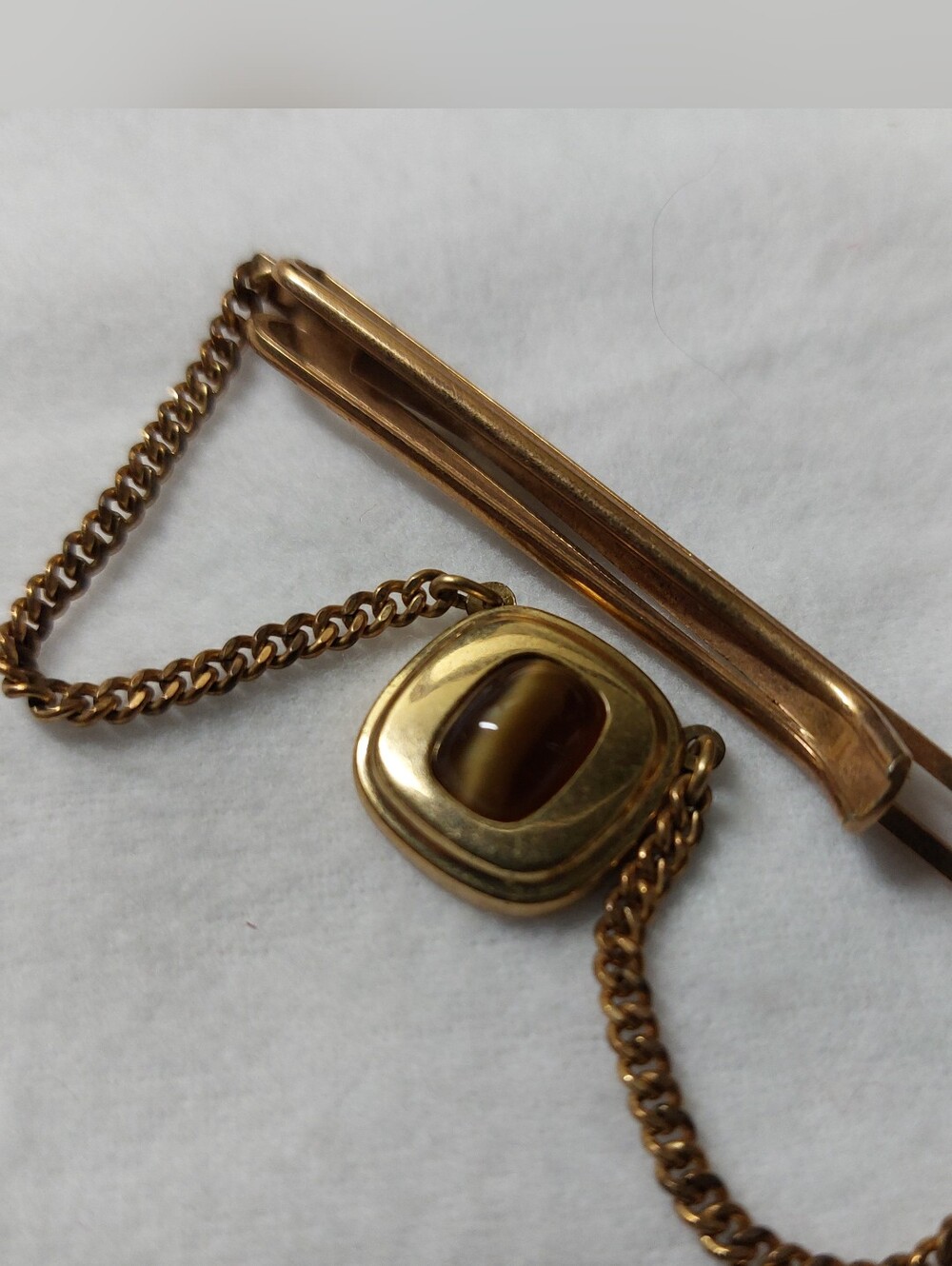 ​Vintage Estate Kreisler Tiger’s Eye Gold Tone Tie Chain Clasp Mid Century